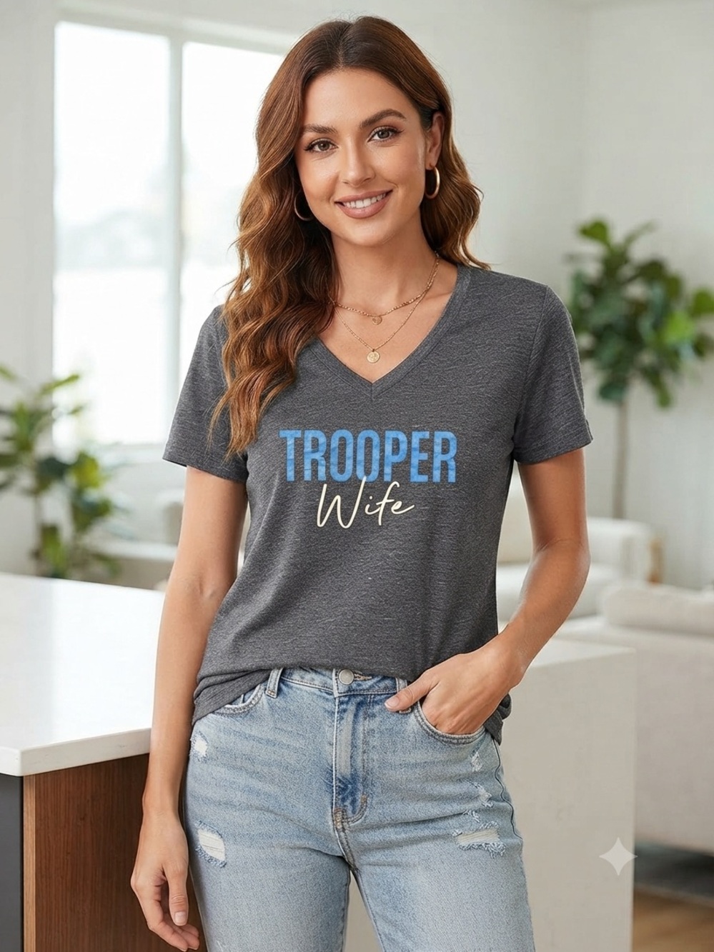 Bella Canvas Charcoal V-Neck 'Trooper Wife' Graphic Tee